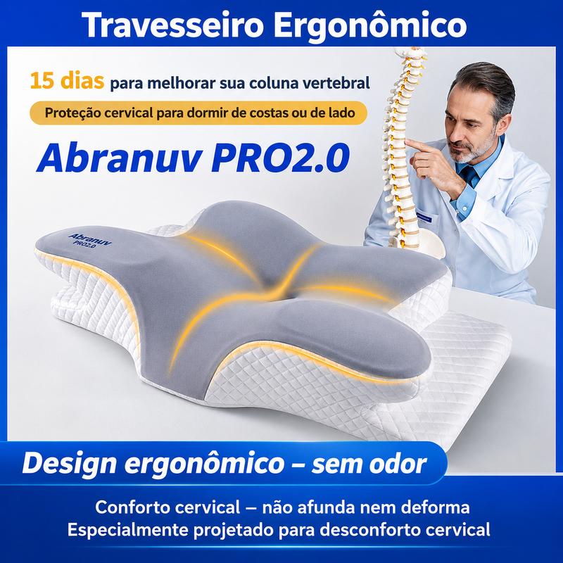 【Abranuv PRO2.0】Travesseiro Cervical ABRANUV, sono confortável, espuma de memória ergonômica sem odor, travesseiro ortopédico, ideal para dormir de lado, de costas e de bruços S-5431