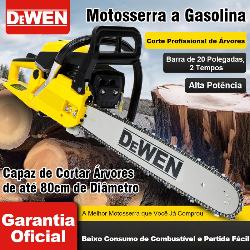 DEWEN Motosserra a Gasolina 52CC 20 Polegadas 3.0HP/2.2kW Corte Profissional de Árvores Barra de 20 Polegadas 2 Tempos Alta Potência Garantia Oficial